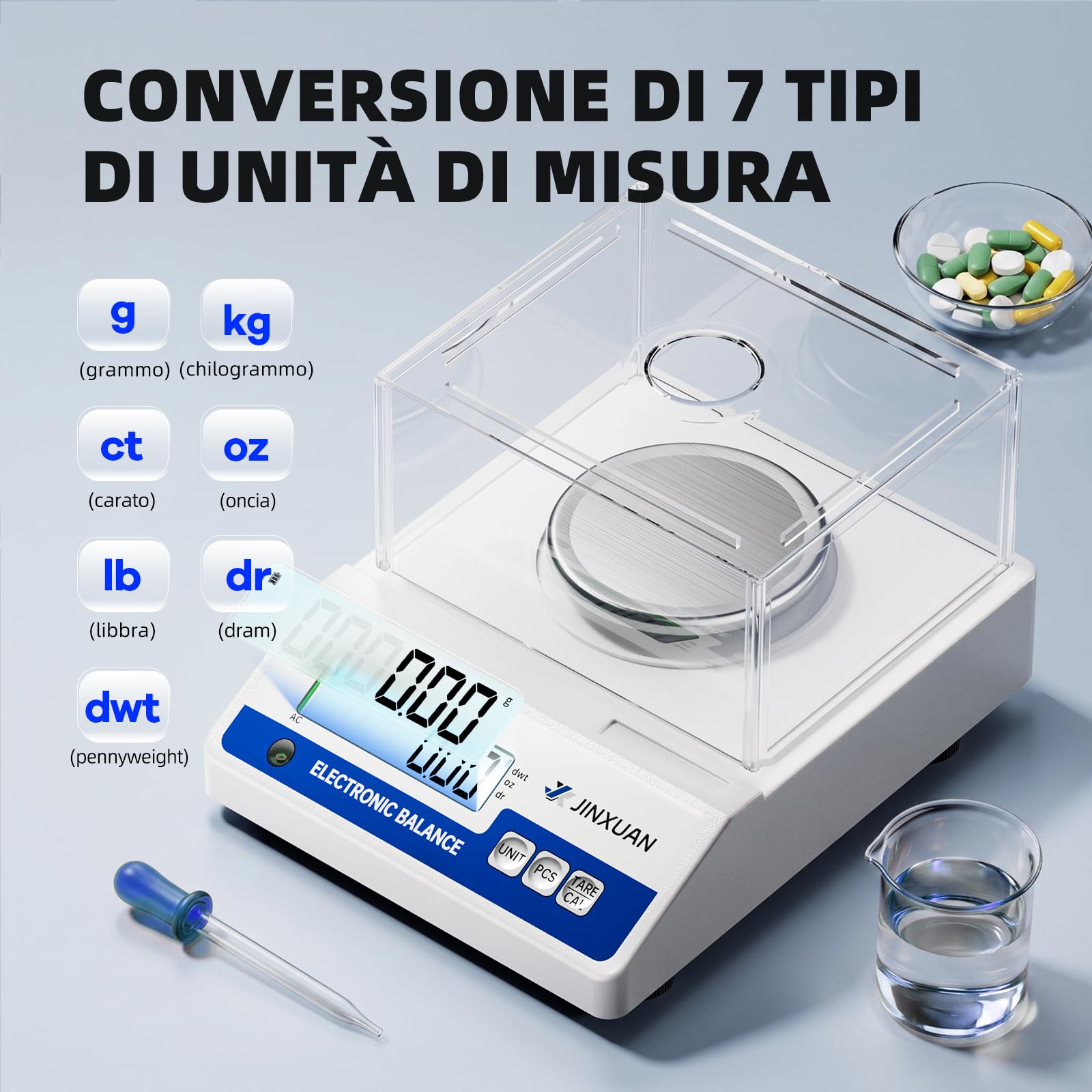 Bilancia da laboratorio 500 g x 0,001 g, bilancia analitica mg, bilancia di precisione per gioielli, con una precisione di 0,001 grammi