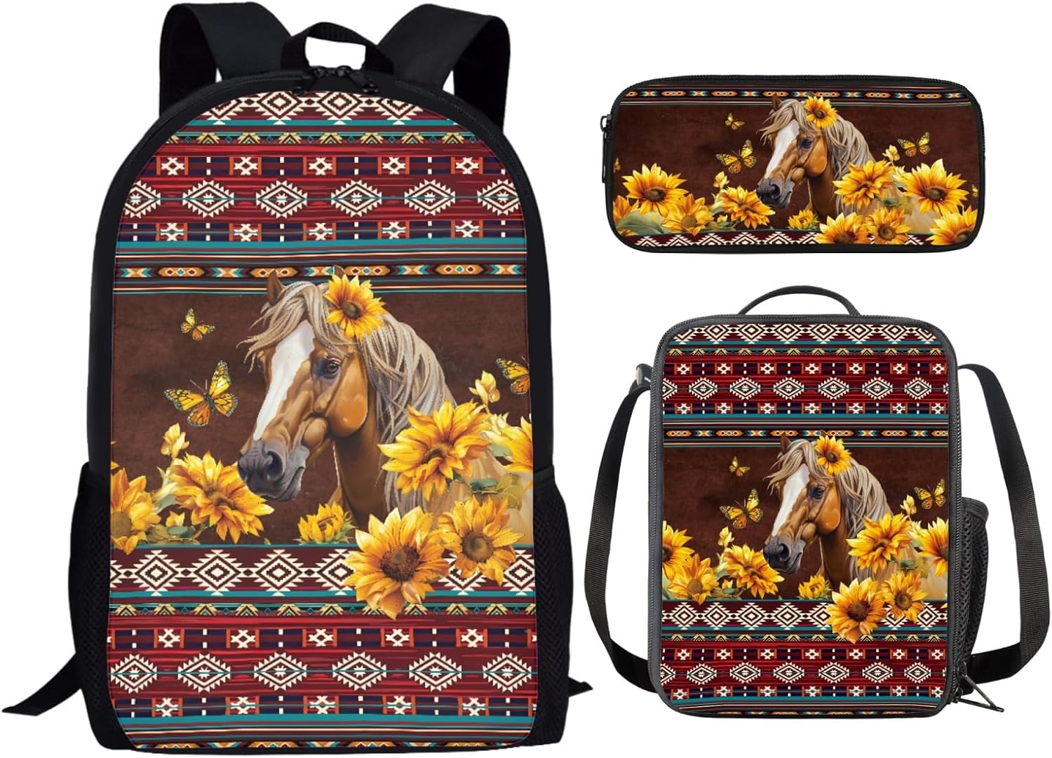Southwest Tribal Horse Backpack for Middle School Girls 10-12 with Lunch Box Pencil Case 3 Piece School Backpack Set for Boys 17 Inch Elementary Student Bookbag