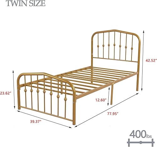 Miniatura 2 de Base de cama de metal de tamaño individual con cabecero victoriano, espacio de almacenamiento debajo de la cama, no requiere somier, color dorado