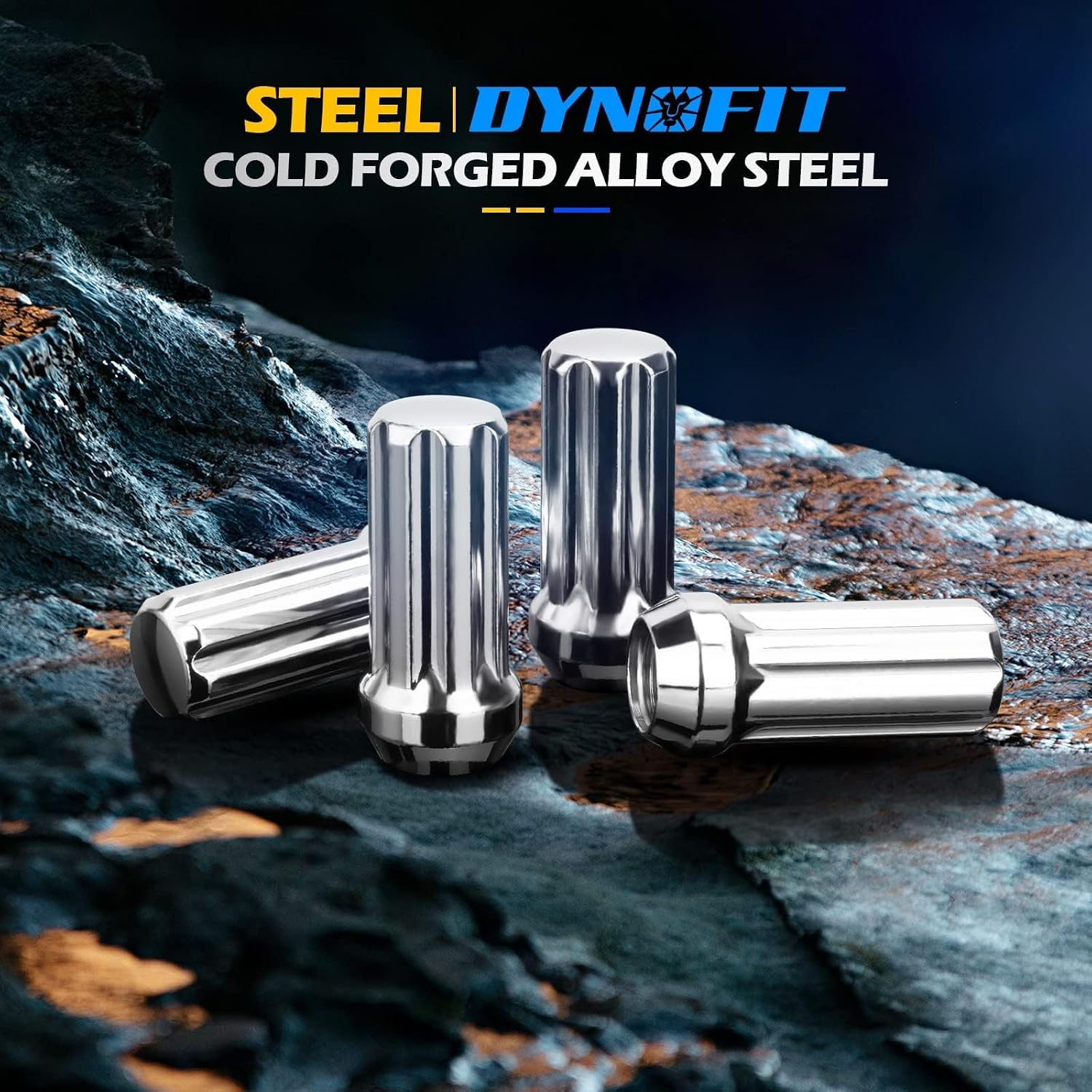 DYNOFIT 14mmx1.5 Wheel Lug Nuts, 32x Chrome M14x1.5 Lug Nut,Conical/Cone Bulge Seat, Closed End Long Extended XL Spline with 1 Socket Key Fits 8 Lug Aftermarket Wheels