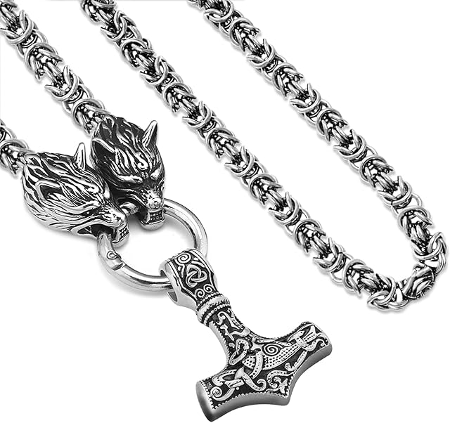 NICEWL Dodomop Ravens of Odin with Thor's Hammer Mjolnir Pendant Necklace-Viking Metal Wolf Head Chain Cord,Nordic Mythology Men Stainless Steel Pagan Jewelry Amulet,70cm