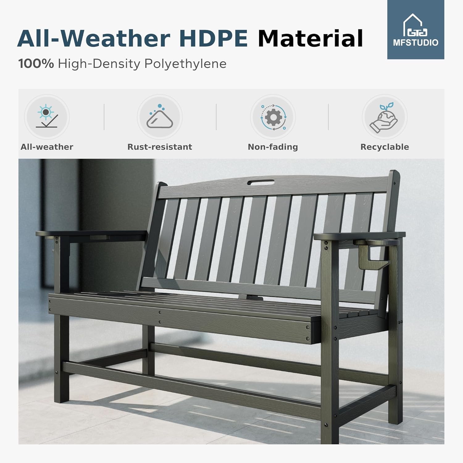 MFSTUDIO 50" HDPE Outdoor Bench, Weatherproof Garden Benches, 2-Person Patio Bench for Outside with 700 lbs Weight Capacity, Perfect for Porch, Backyard and Park, Black
