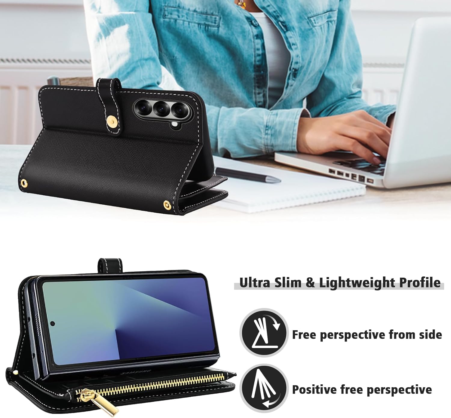 Floral Wallet Case for Samsung Galaxy Z Fold 7 & Wrist/Shoulder Strap Flip Zipper Purse, Luxury PU Leather Credit ID Card Holder Stand Accessories Cell Phone Cover for ZFold Z7 G Fold7 7Z Black
