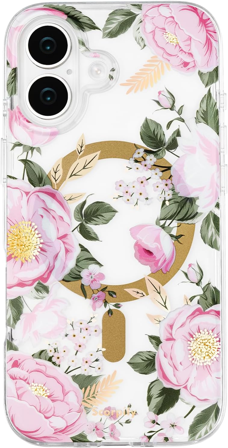 SCORPIFY for iPhone 17 Pro Max Case [Compatible with MagSafe] with Blue Nemophila Floral Design, Cute Clear Flower Magnetic Phone Cover for Women Girls,[Non Yellowing] Slim Bumper with Gold Accents