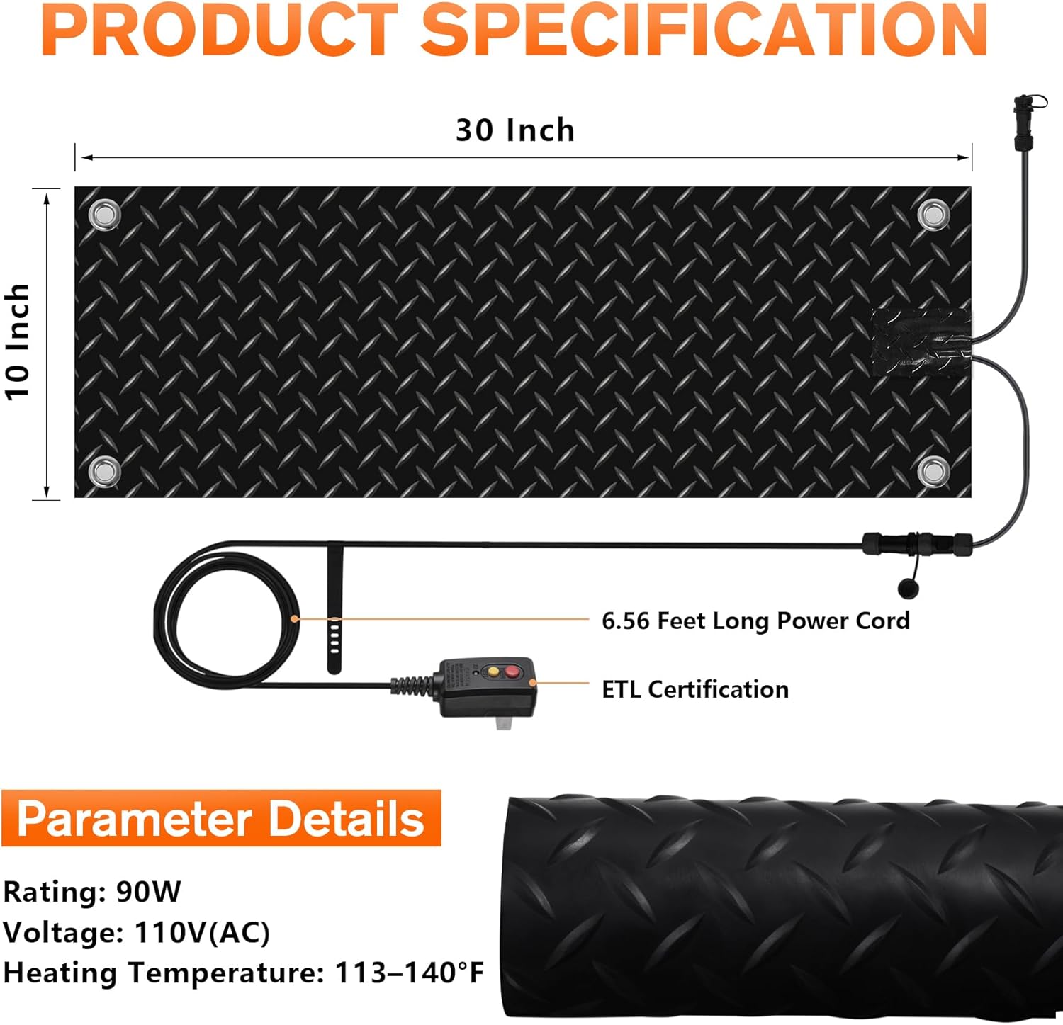 3-Pieces 10 Inch x 30 Inch Outdoor Snow Melting Mats, Anti-Slip Heated Walkway Mat with Power Cord, Waterproof Outside Ice Melt Mat for Doorway Stair Step Path 10 Inch x 30 Inch (3Pcs)