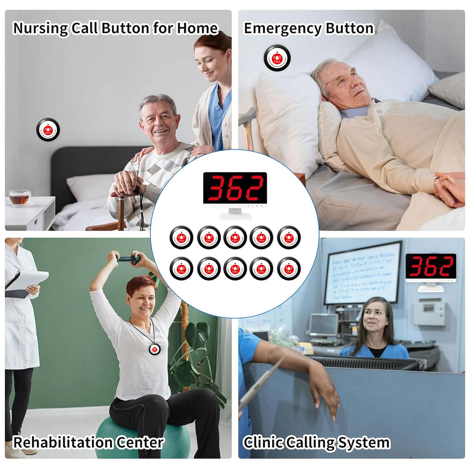 Cercapersone wireless con 10 pulsanti di chiamata di emergenza impermeabili – 300 m, sistemi di allarme medico per anziani con 1 ricevitore display per casa clinica infermieristica stazione