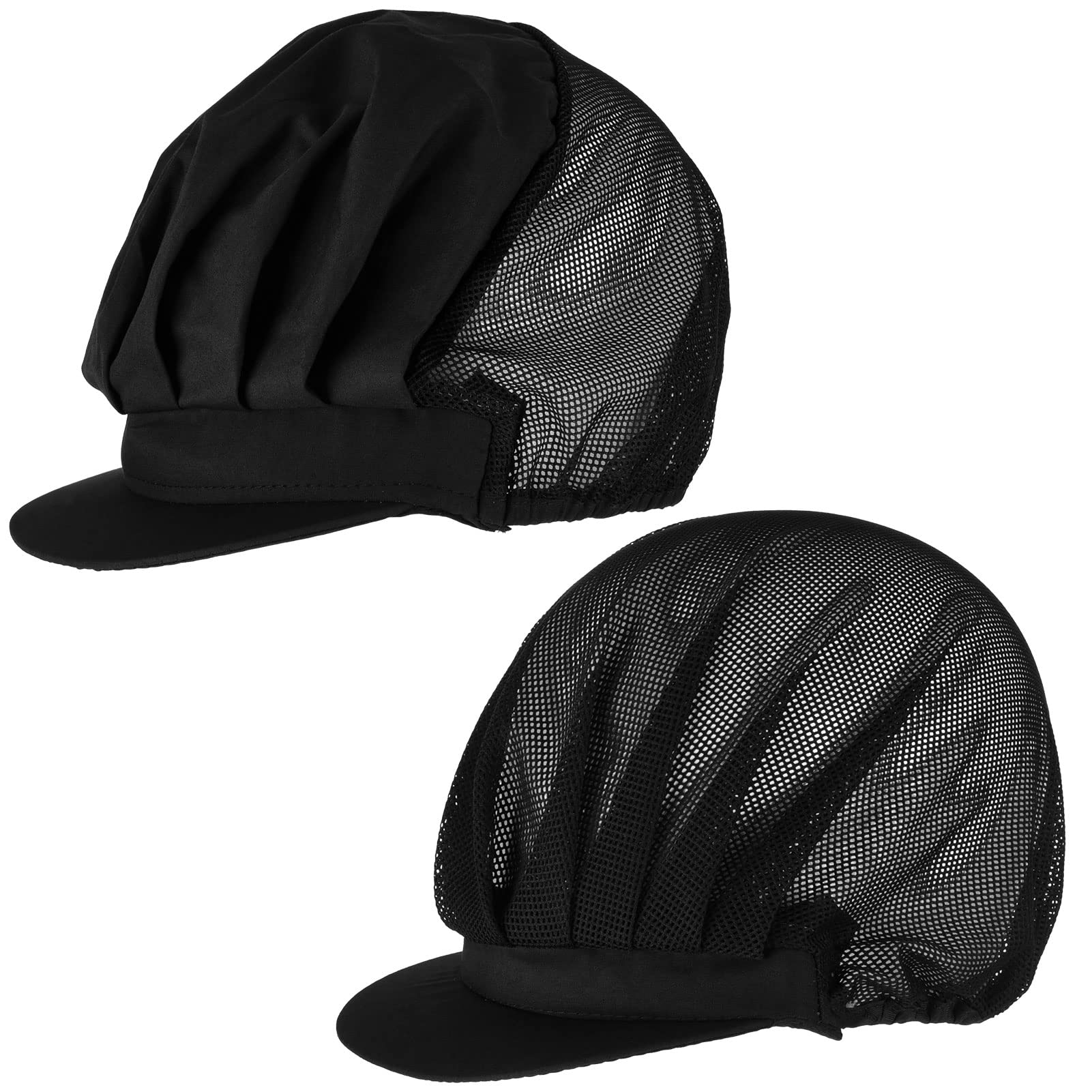 SUSSURRO 2 Pcs Chef Hat Half Mesh and Full Mesh Elastic Breathable Adjustable Cooking Hats Caps Hair Nets for Catering Kitchen Restaurant Workshop Working, Chefs Hat for Unisex Mens Womens, Black