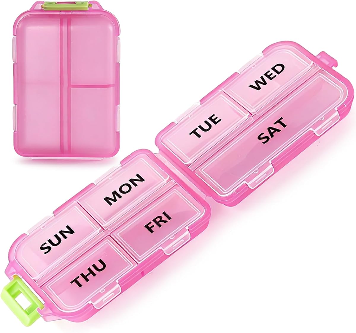 7 Day Compact Pill Organizer, Foldable Portable Travel Pill Box with Double Protection, Daily Small Pill Case Dispenser for Medication, Vitamins, Supplements (Clear Pink)