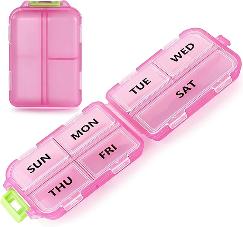 7 Day Compact Pill Organizer, Foldable Portable Travel Pill Box with Double Protection, Daily Small Pill Case Dispenser for Medication, Vitamins, Supplements (Clear Pink)