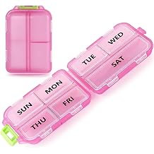 7 Day Compact Pill Organizer, Foldable Portable Travel Pill Box with Double Protection, Daily Small Pill Case Dispenser for Medication, Vitamins, Supplements Clear Pink