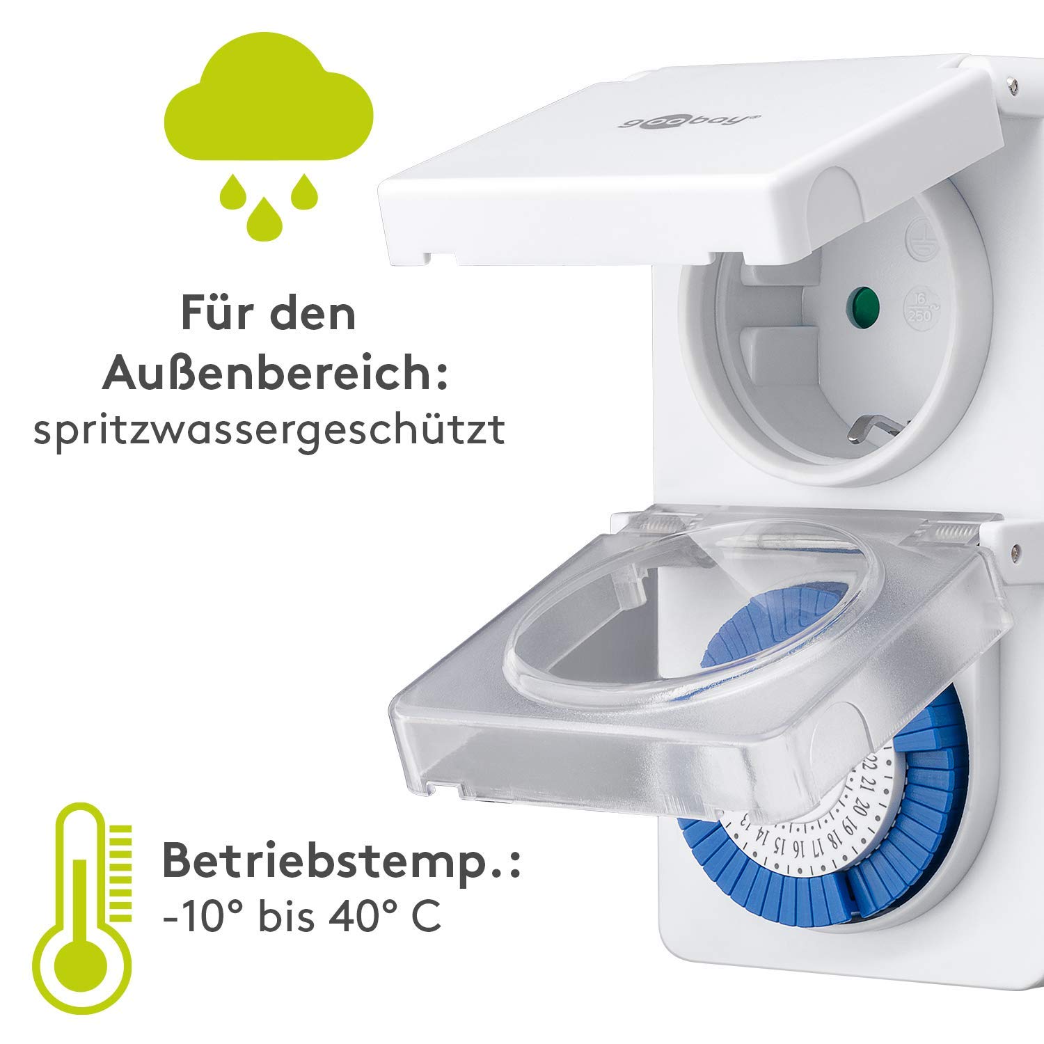 Goobay 73289 Prise comprenant la minuterie mécanique avec le programmeur de compte à rebours et protection contre projections d´eau IP44