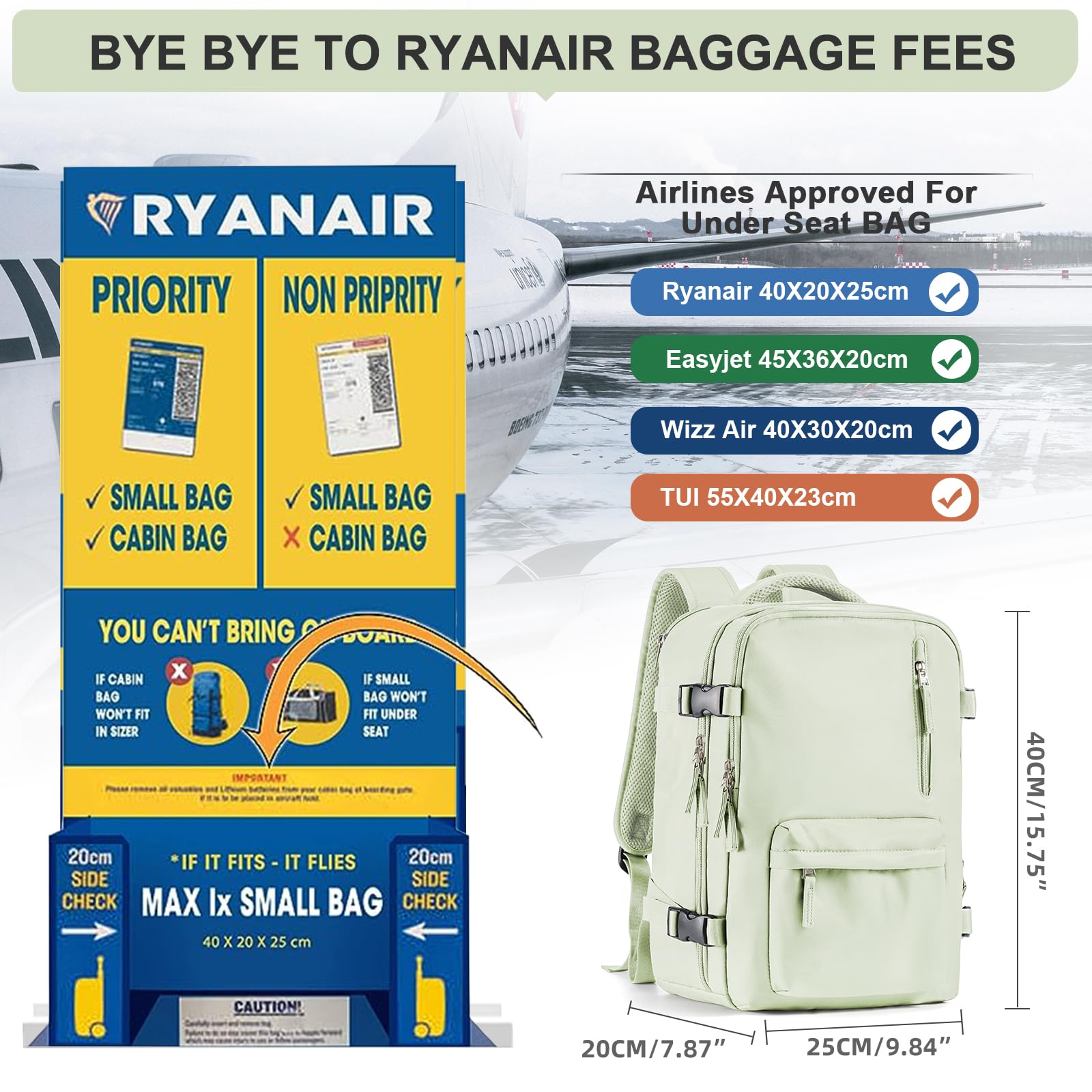 Zaino da Viaggio per Ryanair 40x20x25 Bagaglio a Mano Zaino Borse da Cabina per Ryanair Il Sedile Zaino Aereo Bagaglio a Mano Donna Borsa Cabina Viaggio Zaino Travel Viaggio Casual Daypack,Verde menta