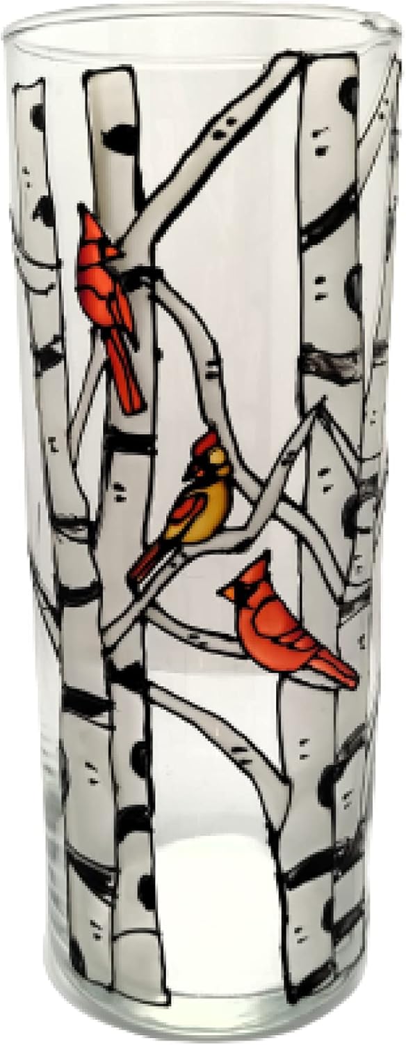 Red Cardinal Bird Birch Tree Hand Painted Glass 7 Inch Cylinder Flower Vase