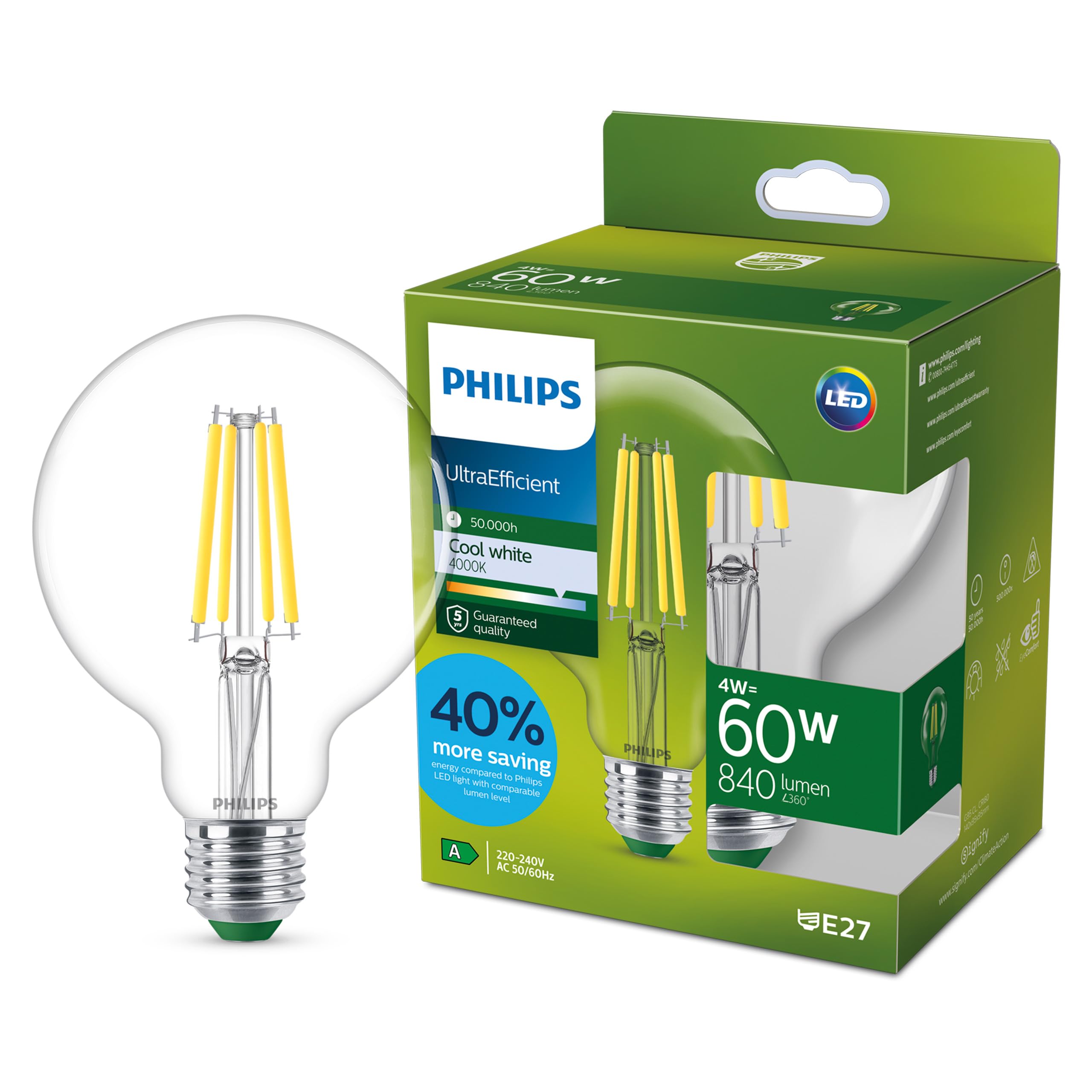 Philips E27 Led Bulb Globe G95 4W 840Lm 840 Clear