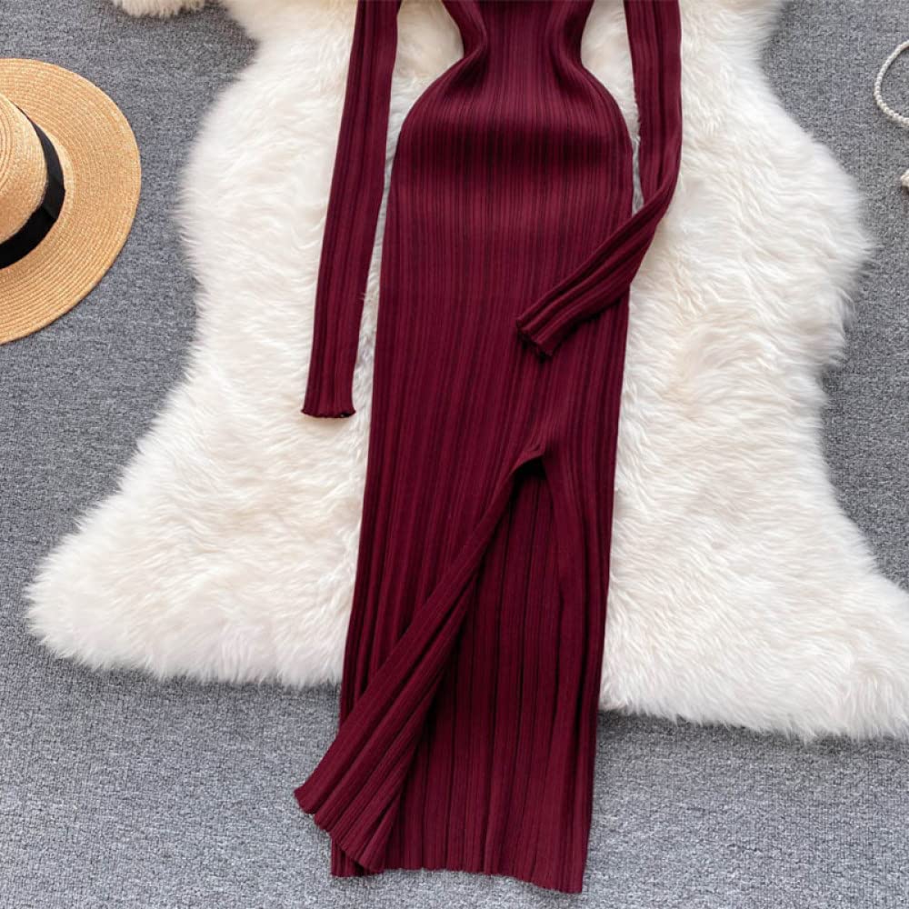 HAIBI Femme Longues Manches Robe Tricotée À Manches Longues Élastique Slim Crayon Robes Automne Sexy Moulante Split Robe Pull, Vin Rouge, Taille Unique