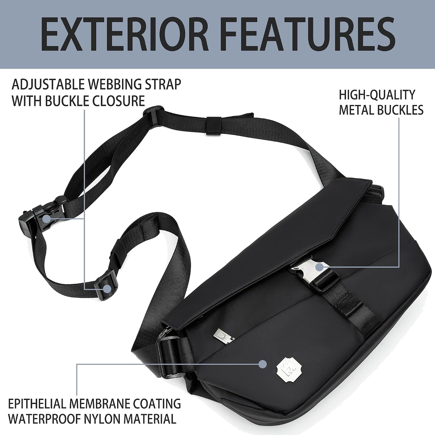 Crossbody Sling Bag with Metal Buckle, Fanny Pack Chest Bag with 4-Zipper Pockets for Men and Women,Adjustable Shoulder Strap Waterproof for Travel Daypack Casual, Multiple Carry Options