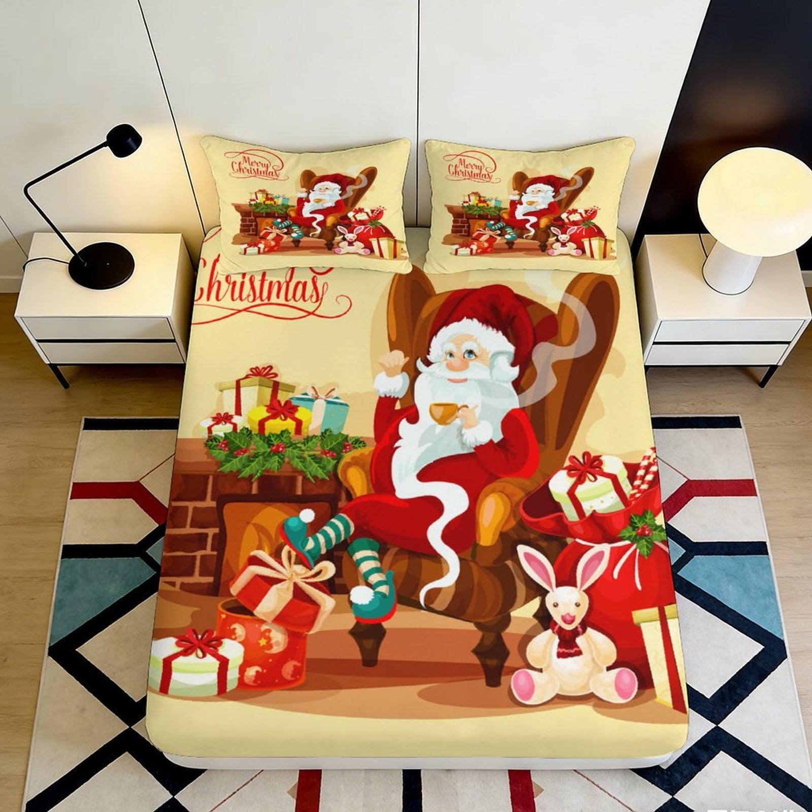 3D Printed Santa Claus Christmas Fitted Sheet Microfiber Soft Festive Bed Cover for Bedroom Guest Room Decoration 90x200x25cm