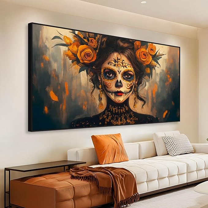 Mexican Sugar Skull Woman Canvas Wall Art, Dia De Los Muertos Canvas Art, Day of The Dead Wall Decor, Skeleton Poster, Horror Wall Decor, Female Floral Picture for Living Room (Black Framed, 48