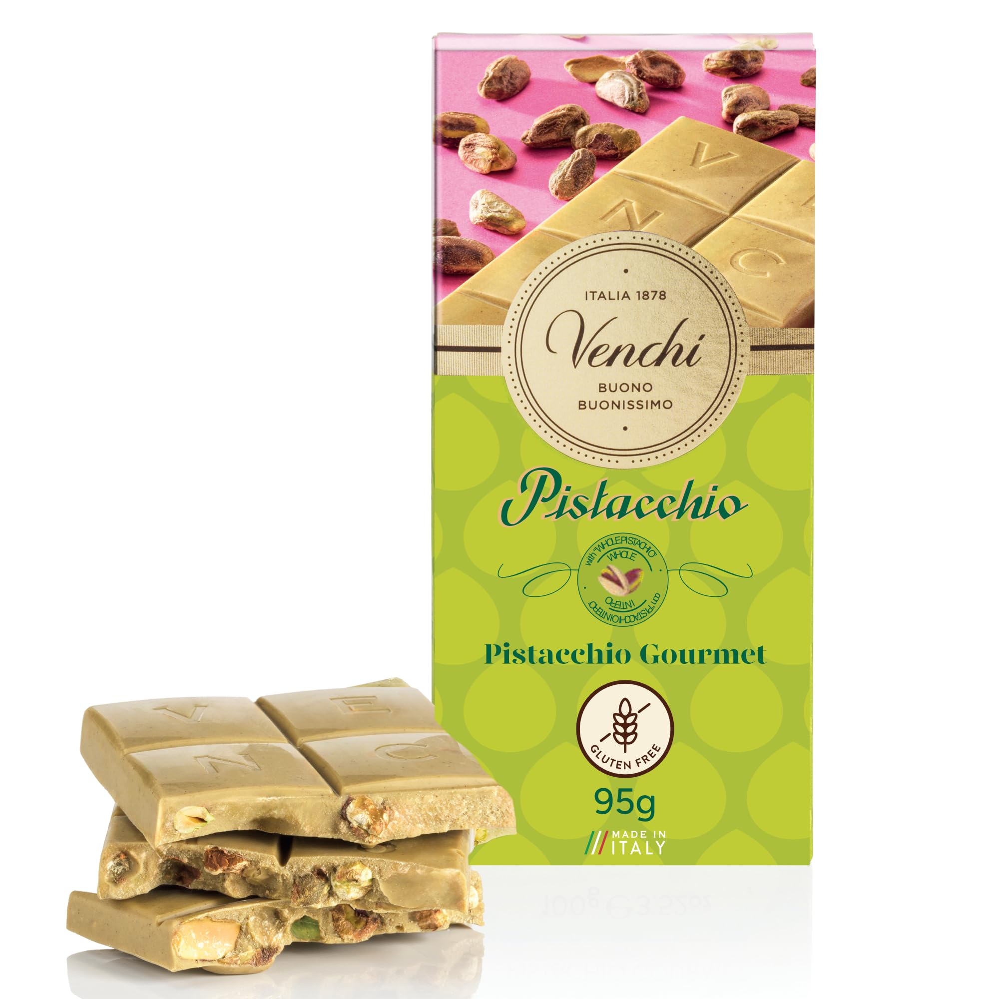 Venchi - Pistazien-Gourmet-Schokoladentafel, 100 g, Weiße Schokolade mit Pistazienpaste und ganzen Pistazien, leicht gesalzen, Glutenfrei, ohne Farbstoffe und ohne Konservierungsstoffe