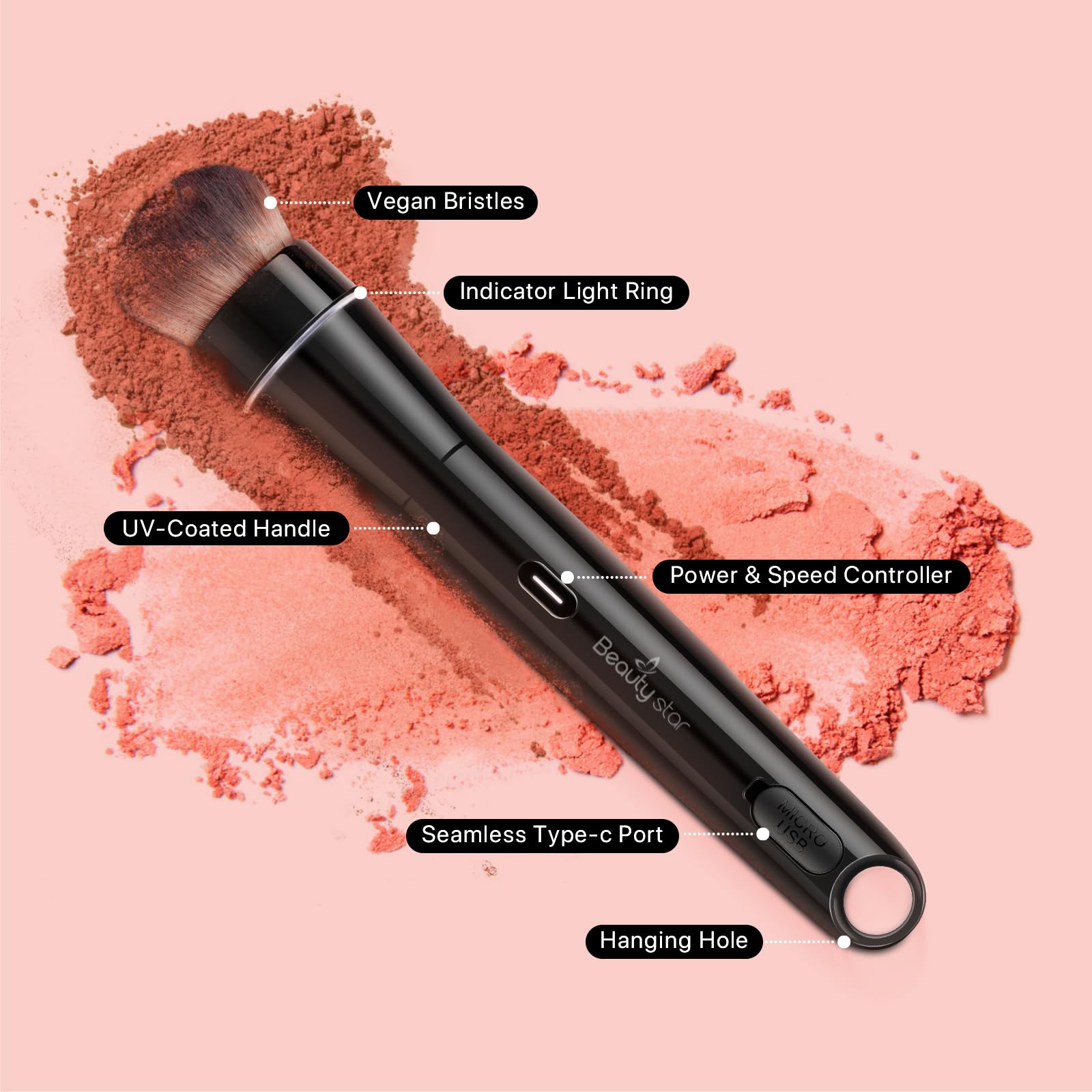 Ensemble de pinceaux de maquillage électriques rotatifs à 360°, 5 têtes de brosse végétaliennes, pinceaux mélangeurs rechargeables pour fond de teint, blush, poudre, bronze, contour, surlignage et