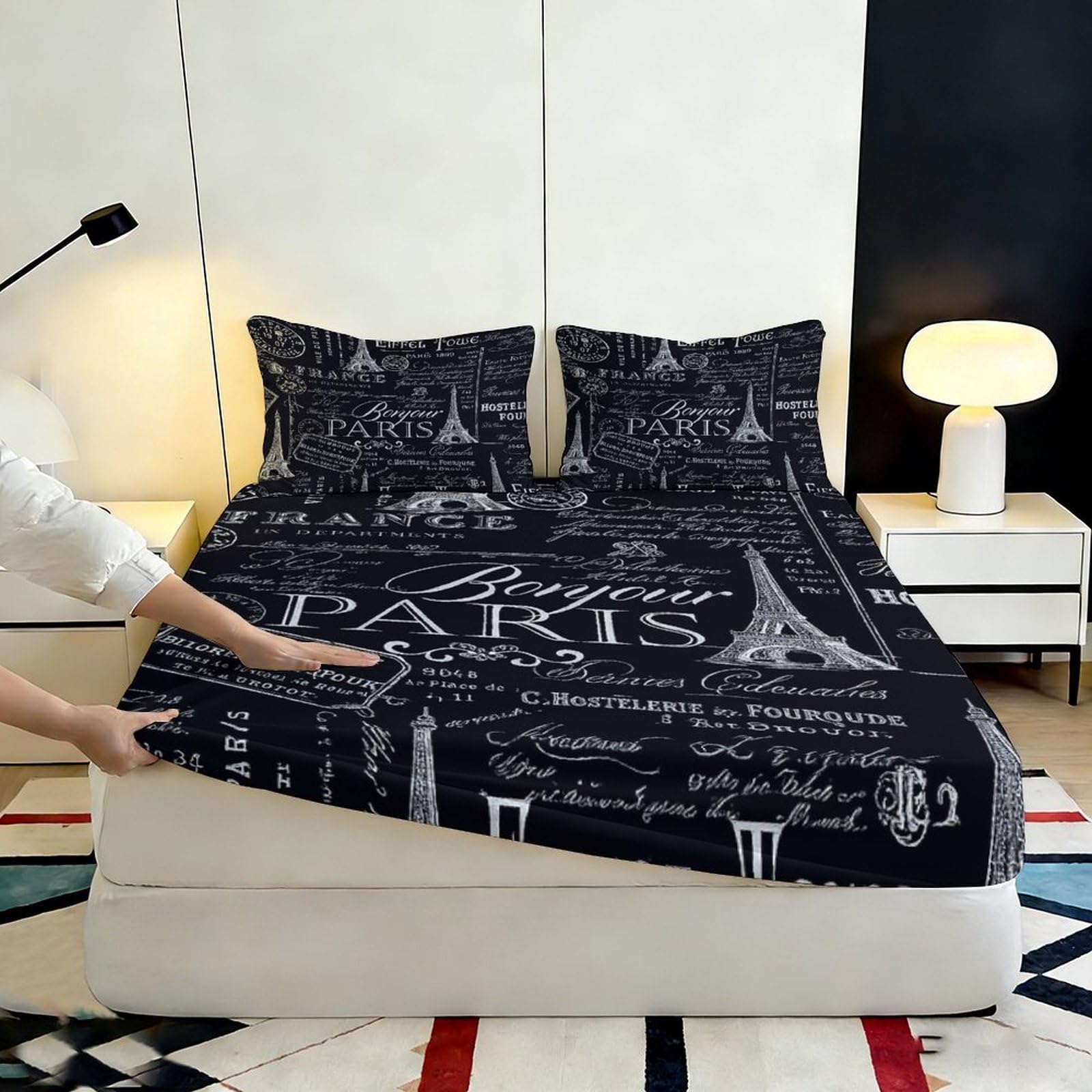Lenzuolo con stampa 3D Parigi, in microfibra, antiscivolo | materiale morbido, coprimaterasso, facile da pulire, traspirante, lavabile, 180 x 200 x 25 cm