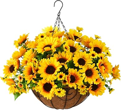 Homsunny Artificial Sunflowers Fake Hanging Flowers Plants Baskets for Outdoor Decoration, Faux Silk Flowers Look Real UV Resistant for Porch Patio Garden Spring Home Decor