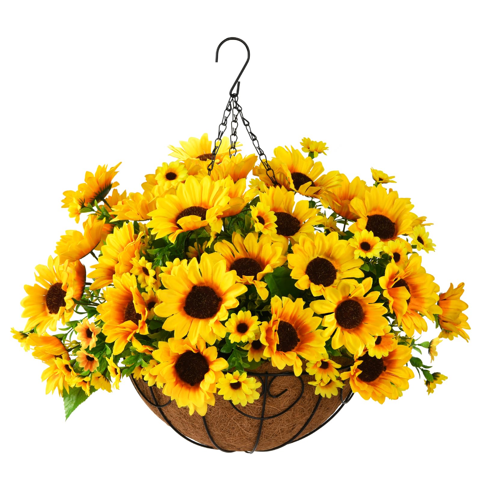 Homsunny Artificial Sunflowers Fake Hanging Flowers Plants Baskets for Outdoor Fall Decoration, Faux Silk Flowers Look Real UV Resistant for Porch