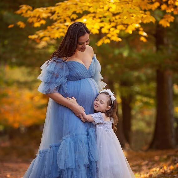 Tianzhihe Tulle Maternity Dress for Photoshoot 2026 Puffy Baby Shower Dress Ruffle Pregancy Gown