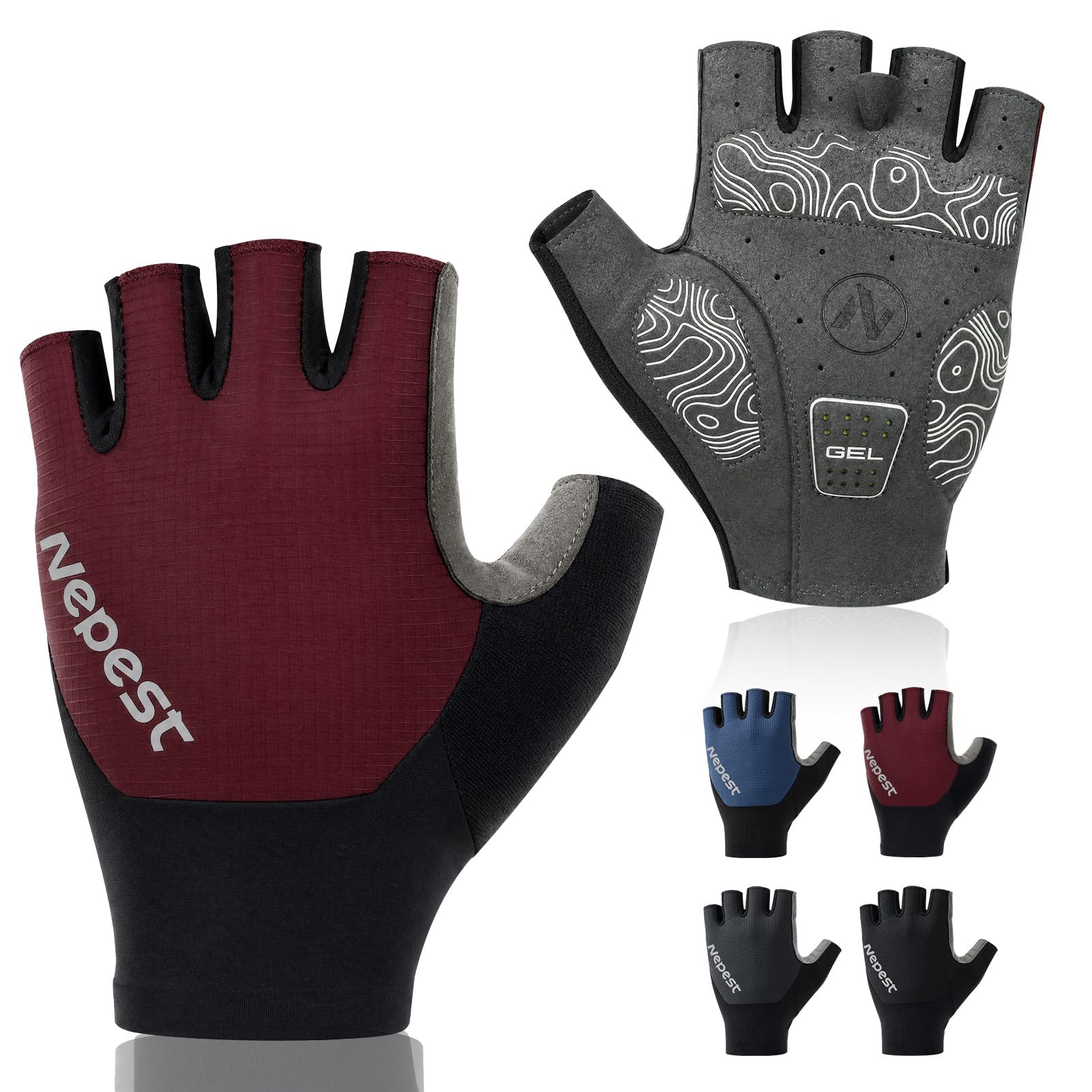 Nepest Guantes de ciclismo para hombre y mujer, con medio dedo, acolchados