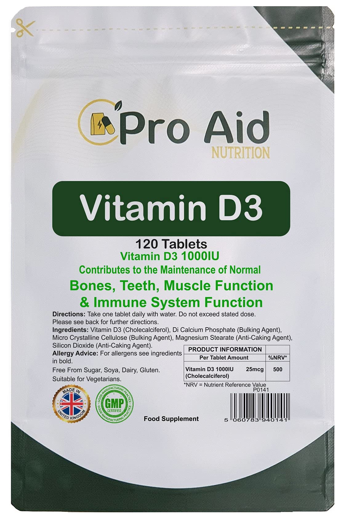 Vitamin D3 1000IU Tablets 120 Pack by ProAid, Easy to Swallow, One A Day, Made in UK, Premium Tablets