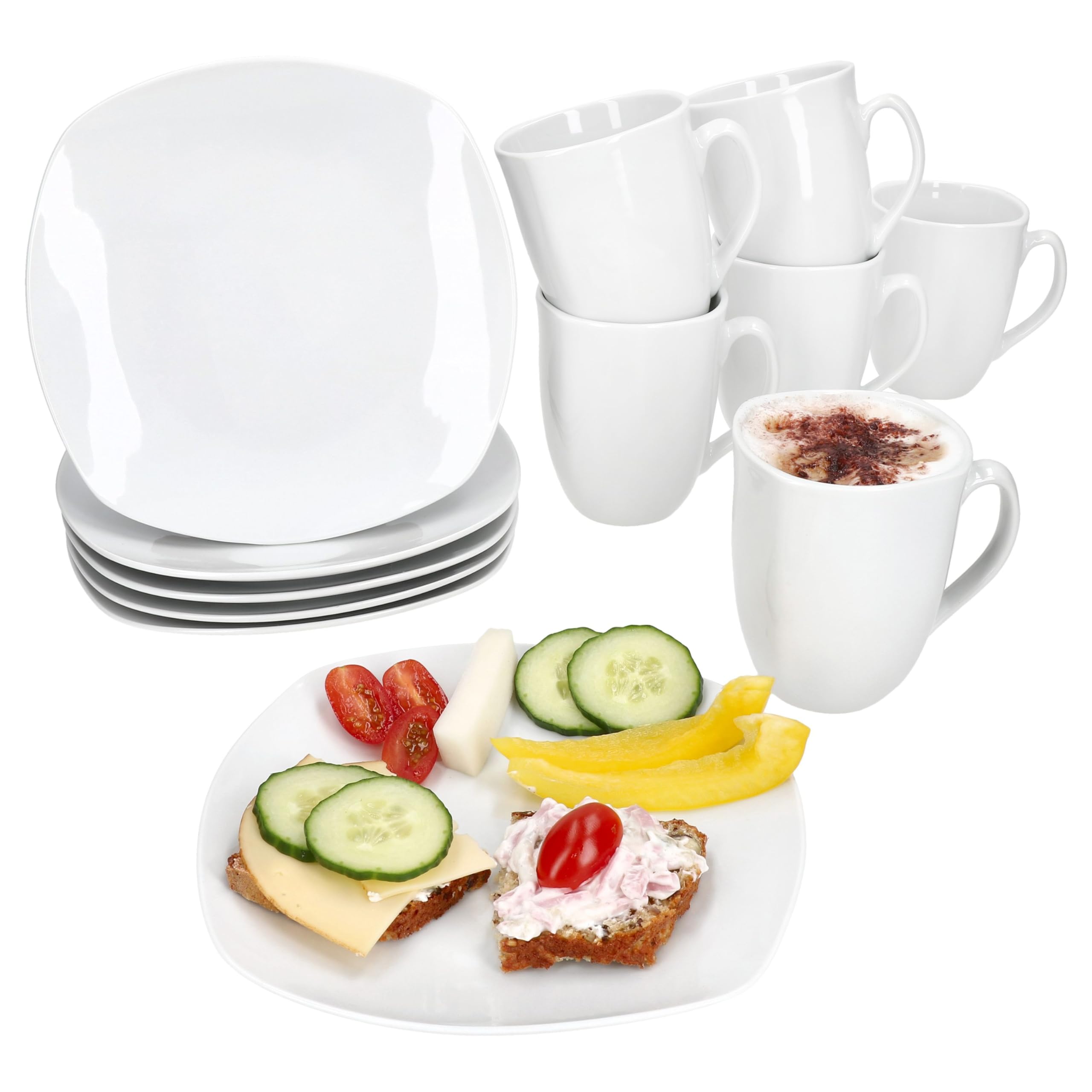MamboCat Lotta Koffieservies, 18-delig, wit porseleinen koffieset voor 6 personen, 6 x koffiekopjes van 170 ml, schoteltjes en taartborden, chique servies voor ontbijt en koffie, voor horeca, hotel