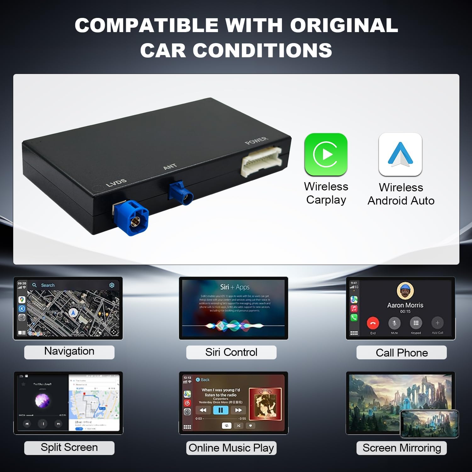 Wireless CarPlay/Android Auto Retrofit Kit Decoder Module Compatible with Audi A3/S3/A4/ A5/Q2L/Q5L/Q7 2014-2018 with MIB System, Carplay Receiver Box Support OEM Controls, MirrorLink, Reverse Camera
