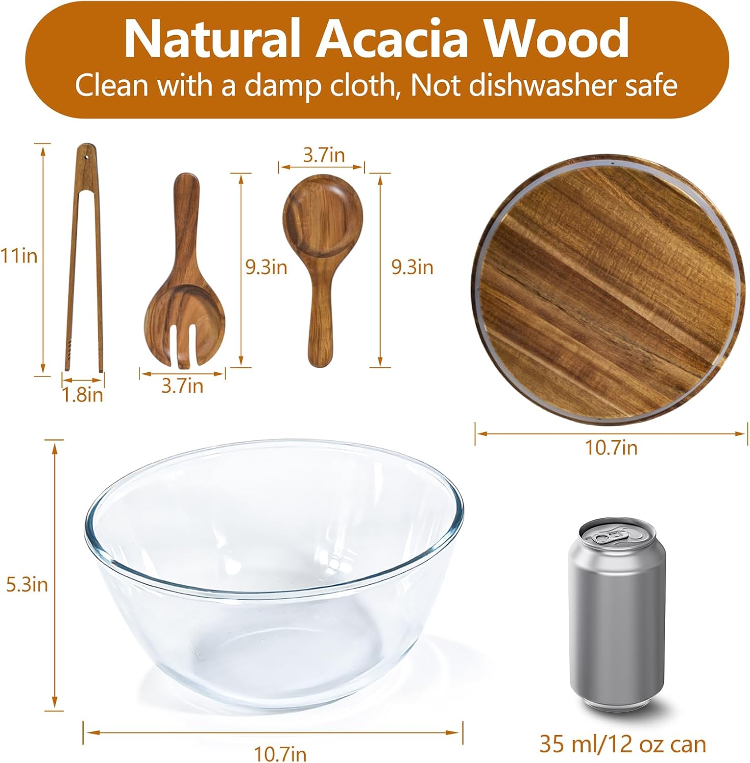 Anyvape Glass Salad Bowl Set, Extra Large 4.8QT Serving Bowl with Acacia Wood Lid & Utensils – Heavy-Duty Glass Bowl for Salad, Mixing, Parties & Charcuterie