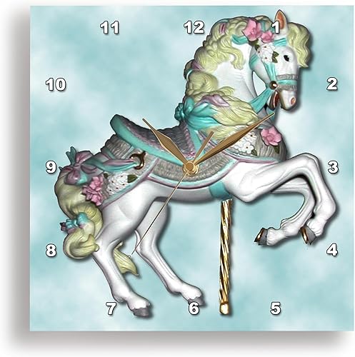 3drose Carrusel Caballo en reloj de pared azul, 10 x 10 pulgadas
