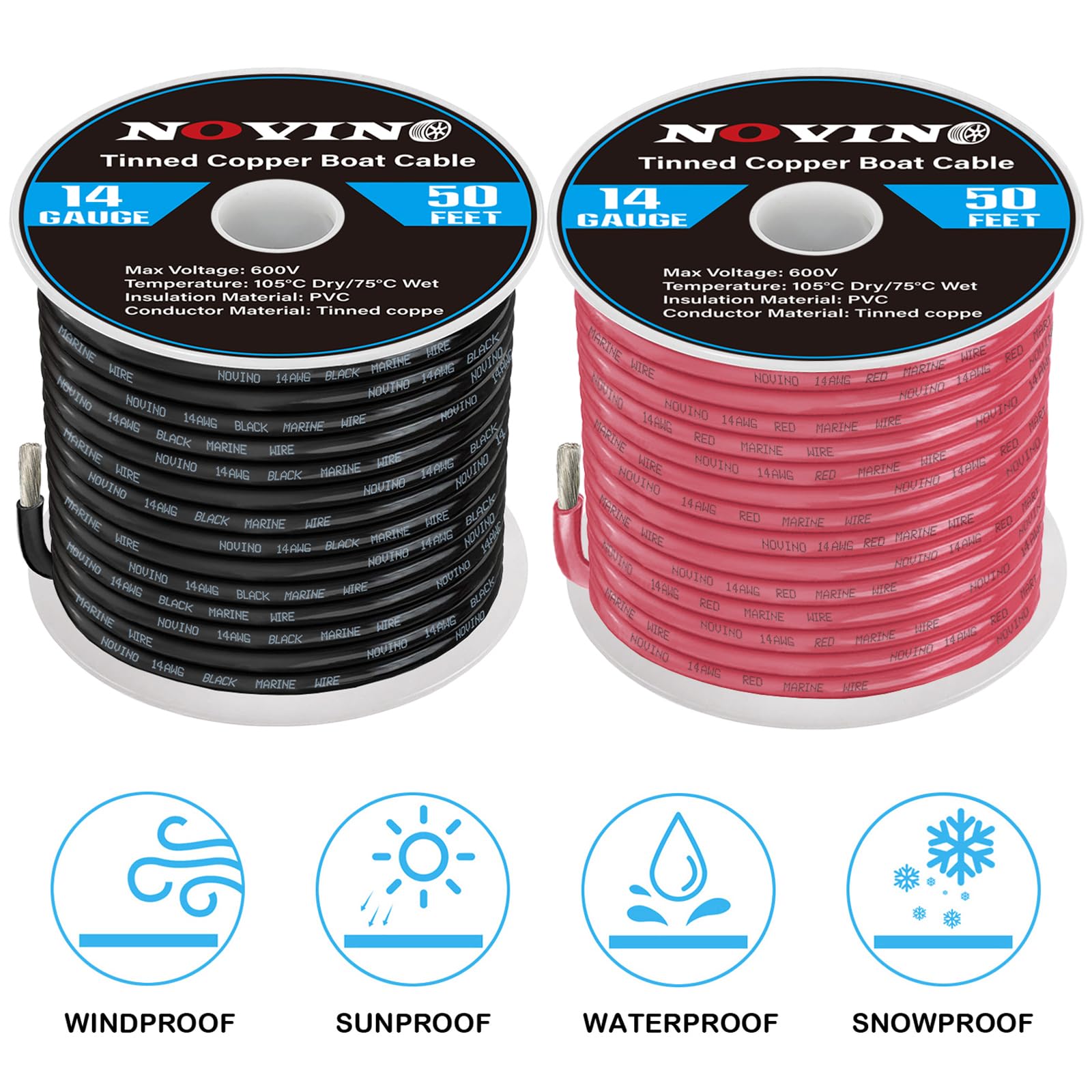 Cable marino de calibre 14, cable de grado marino de 14 AWG, incluye calibre 14 rojo de 50 pies y negro de 50 pies, cable de cobre estañado de 14 AWG, cable de batería de barco sin oxígeno para