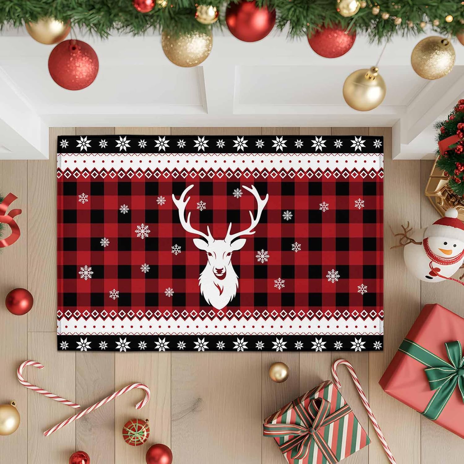 Christmas Entrance Floor Mat Elk Snowflake Welcome Doormat Red Black Check Plaid Non Slip Entry Rugs for Bathroom Kitchen Home Front Decor 18x30inch