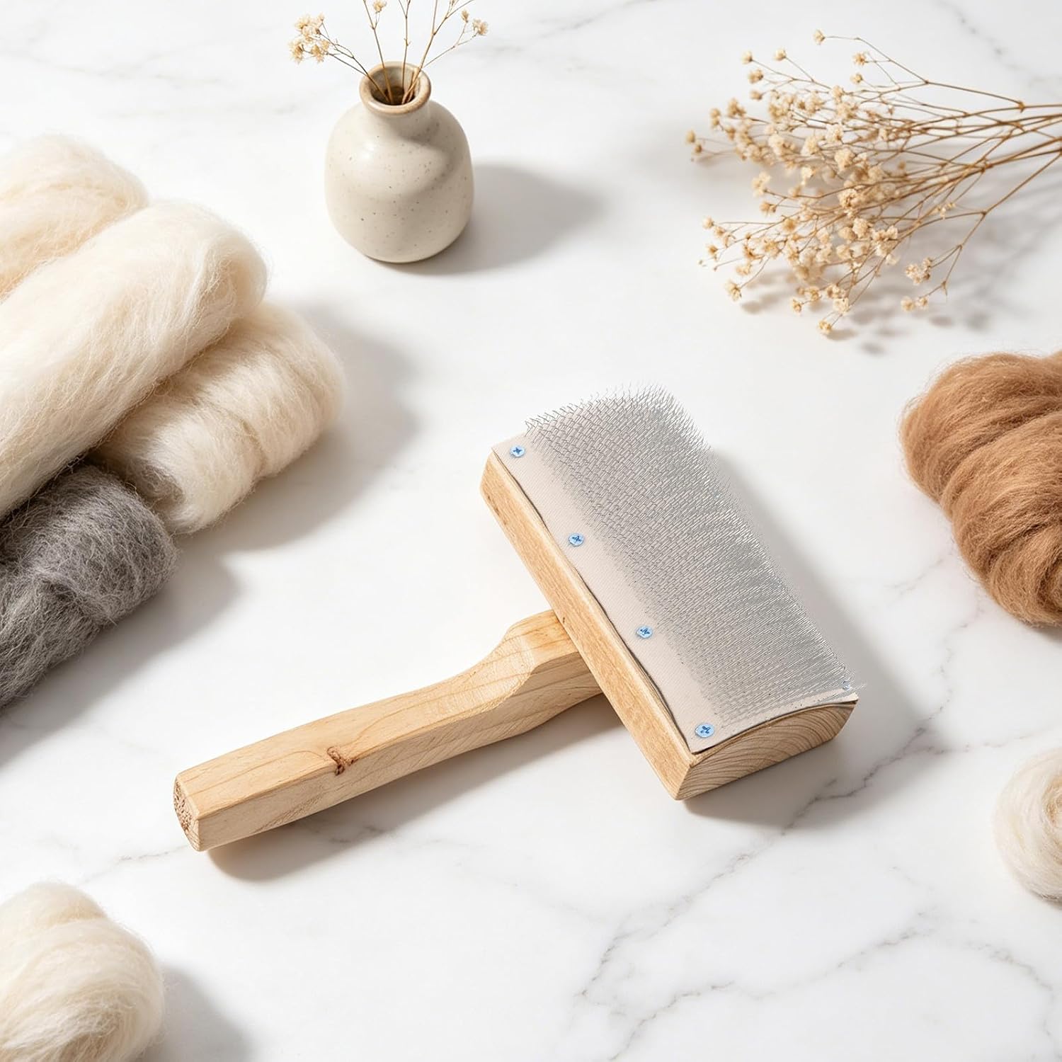 OSOLADY Felting Brush for Needlework - Steel Wire Wool Brushes with Wood Handle - Blending Wool Carders Small Needle Felting Tool for Home Crafting(Curved)