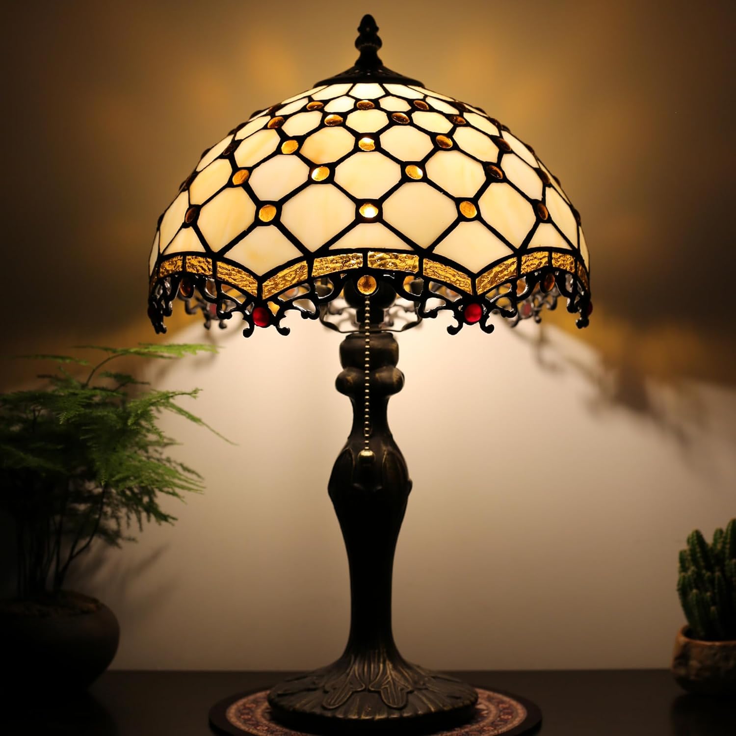 Tiffany Lamp Stained Glass Table Lamp 12 x 19” Phoenix Tail Beads Style Bedside Reading Lamp Decorative Light for Desk Living Room Bedroom Office Study Light Home Decor Gift