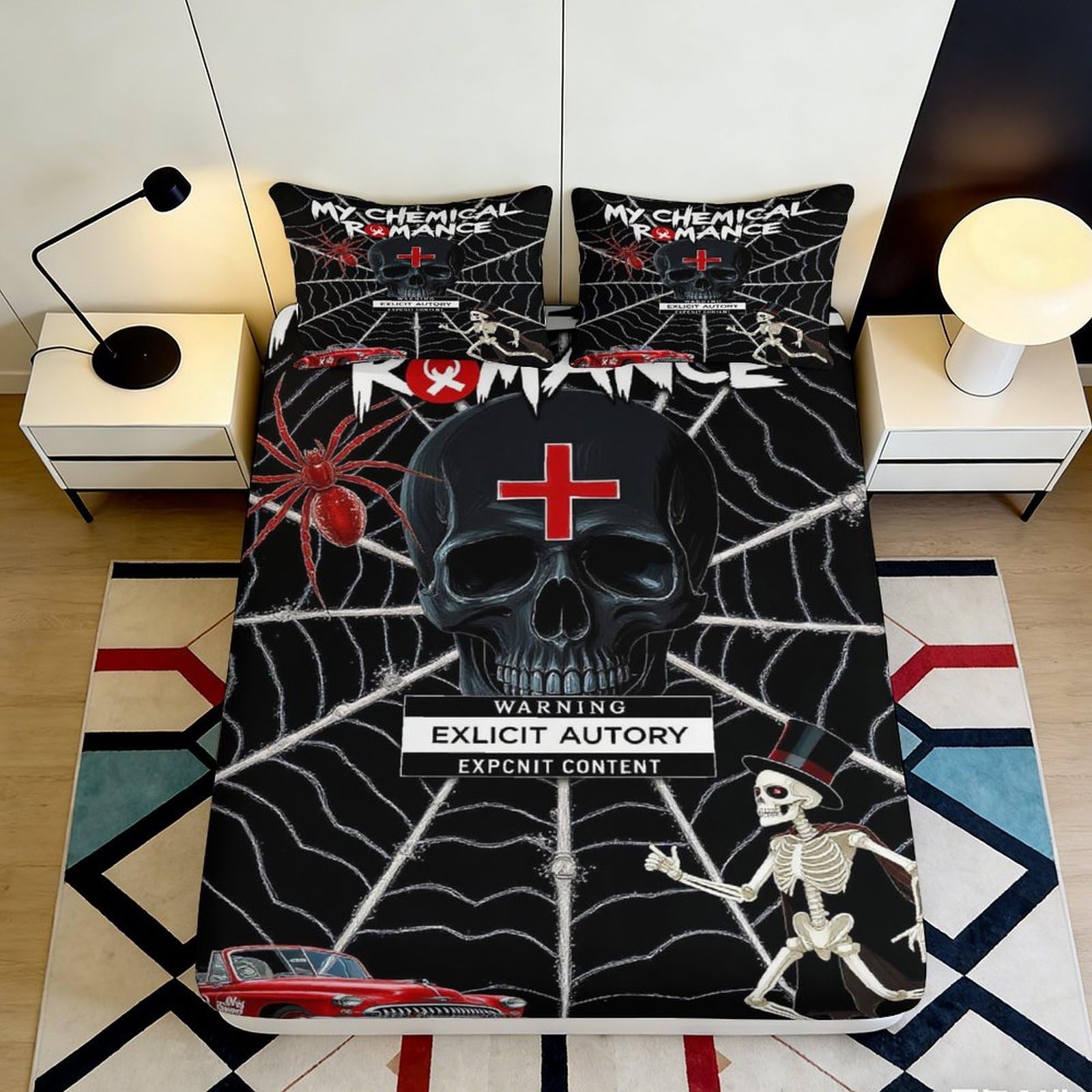Pnayamiorkfel Style-8 3D Printed Skull Spider Fitted Sheet Microfiber Soft Dark Skeleton Car Bed Cover For Bedroom Dorm Decor Mattress Protection 90X200x25cm