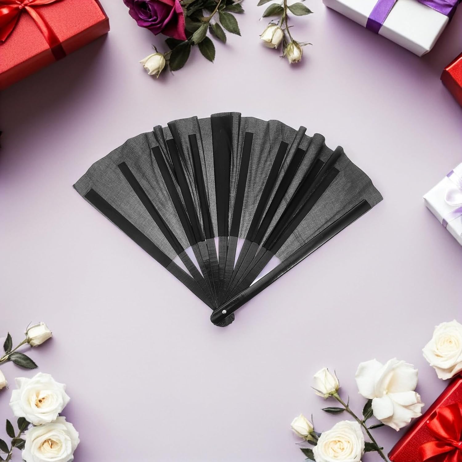 TOYANDONA 4pcs Black Folding Handheld Fans with Decorative Black Silk Sleeves, Chinese Style Wedding Dance Performance Fans for Festival Party