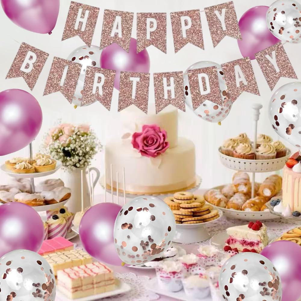 Rose Gold Birthday Party Decorations Set, Happy Birthday Banner, Metallic Pink Purple Rose Gold Confetti White Balloons, Princess Theme Party Supplies Kit for Women Girls - Image 4