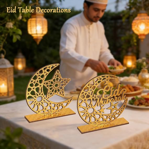 Eid Mubarak Decorations, 2 Pieces Wood Eid Table Decorations, Crescent Moon & Star Table Ornaments, Gold Eid Decorations for Home, Islamic Muslim Home Decor, Eid Mubarak Gifts, Ramadan Decorations