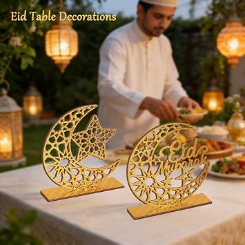 Eid Mubarak Decorations, 2 Pieces Wood Eid Table Decorations, Crescent Moon & Star Table Ornaments, Gold Eid Decorations for Home, Islamic Muslim Home Decor, Eid Mubarak Gifts, Ramadan Decorations