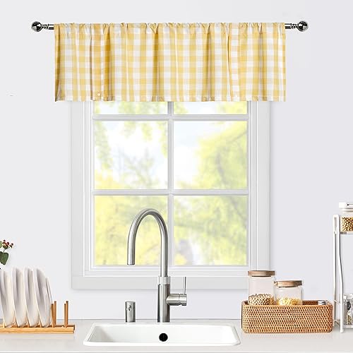 Miniatura 2 de ZJDECOR Cortina de cuadros amarillos con cenefa de cuadros para cafetería, cocina, cortinas de ventana ajustables a cuadros para baño, sala de