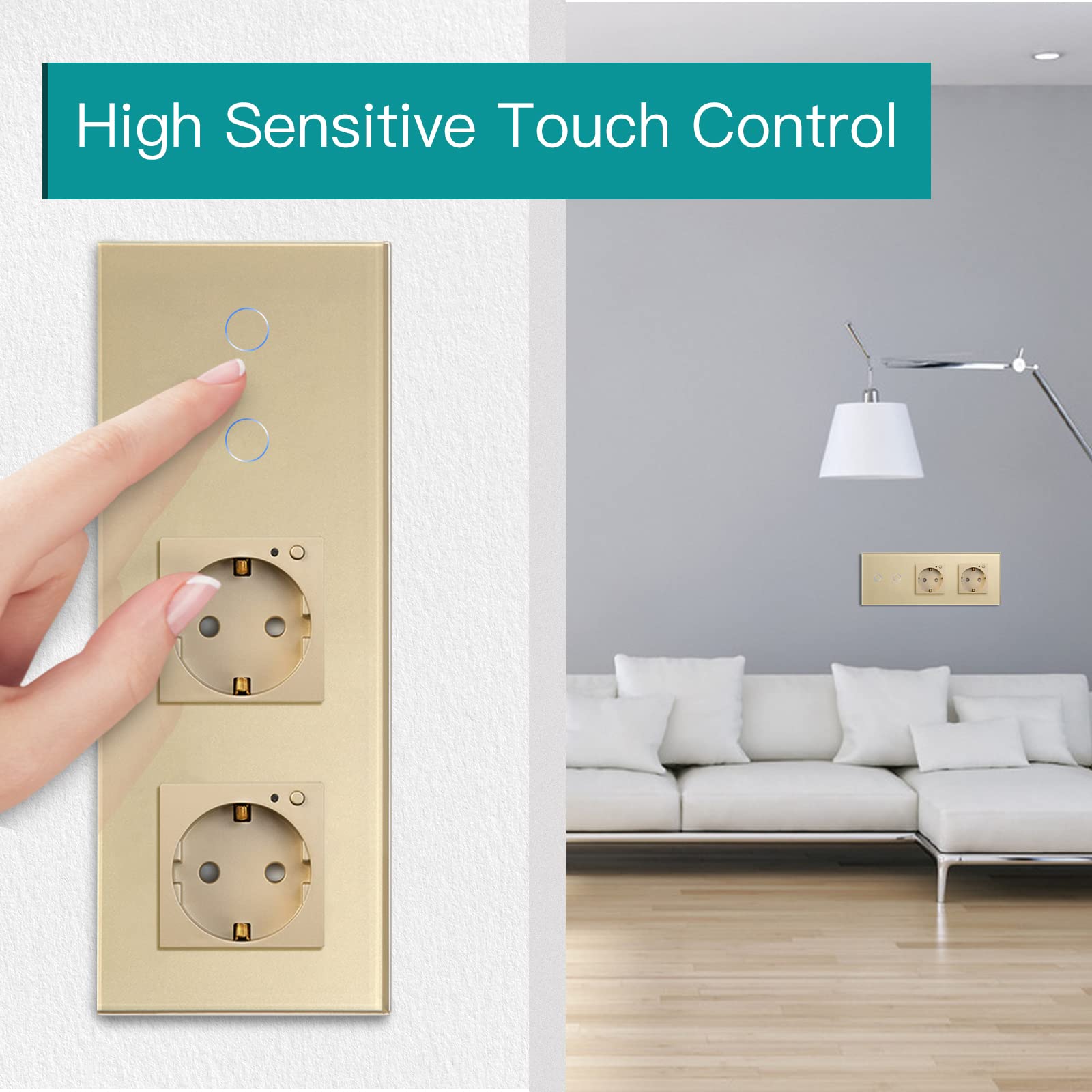 BSEED Interruttore della luce Smart Touch Alexa, con doppia presa WiFi, 2 vie, 1 via, funzionamento con Tuya Alexa/Google Home Gold