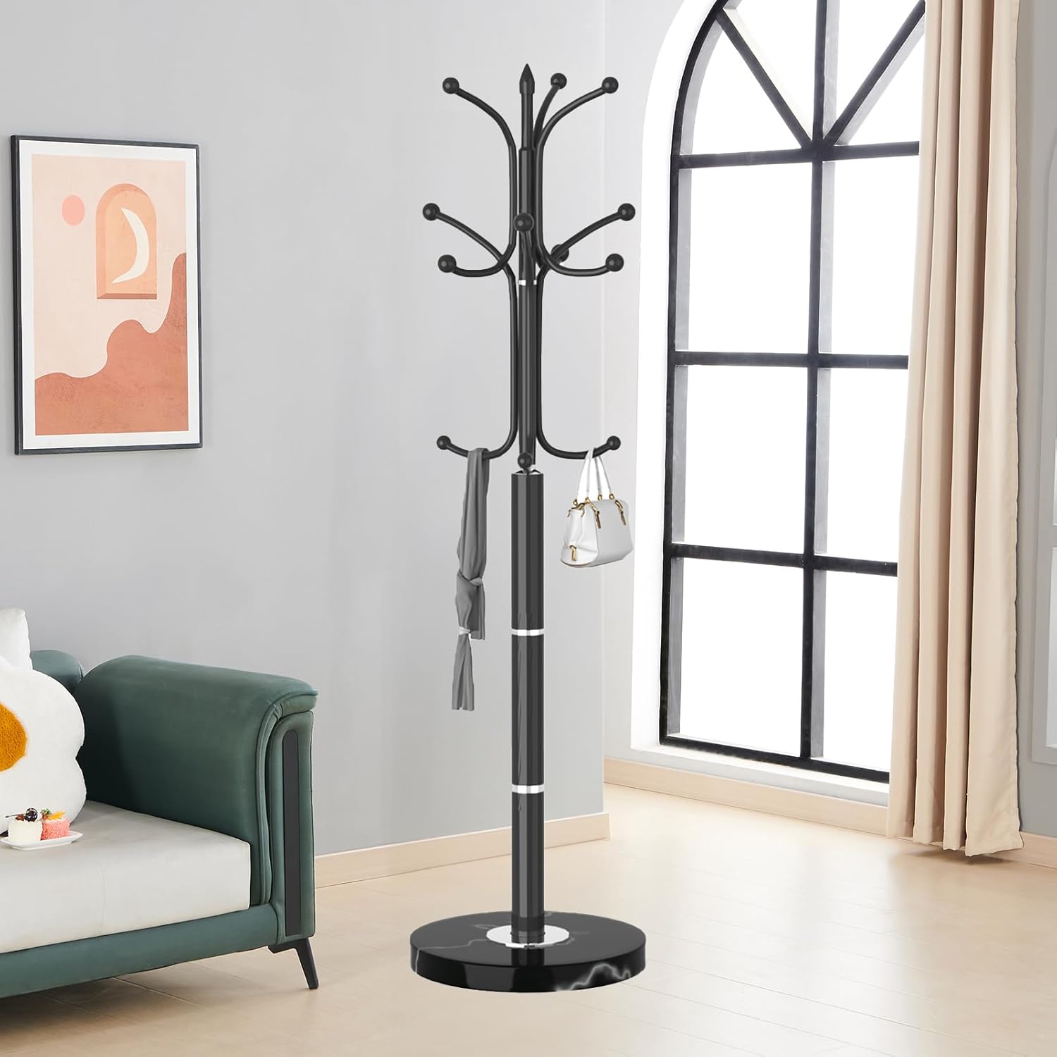 Metal Coat Rack Freestanding, Sturdy Coat Rack Stand with Natural Marble Base, Modern Black Coat Racks Tree Hats Hanger Holder Stand for Entryway, Hallway, Office(12 Hooks)