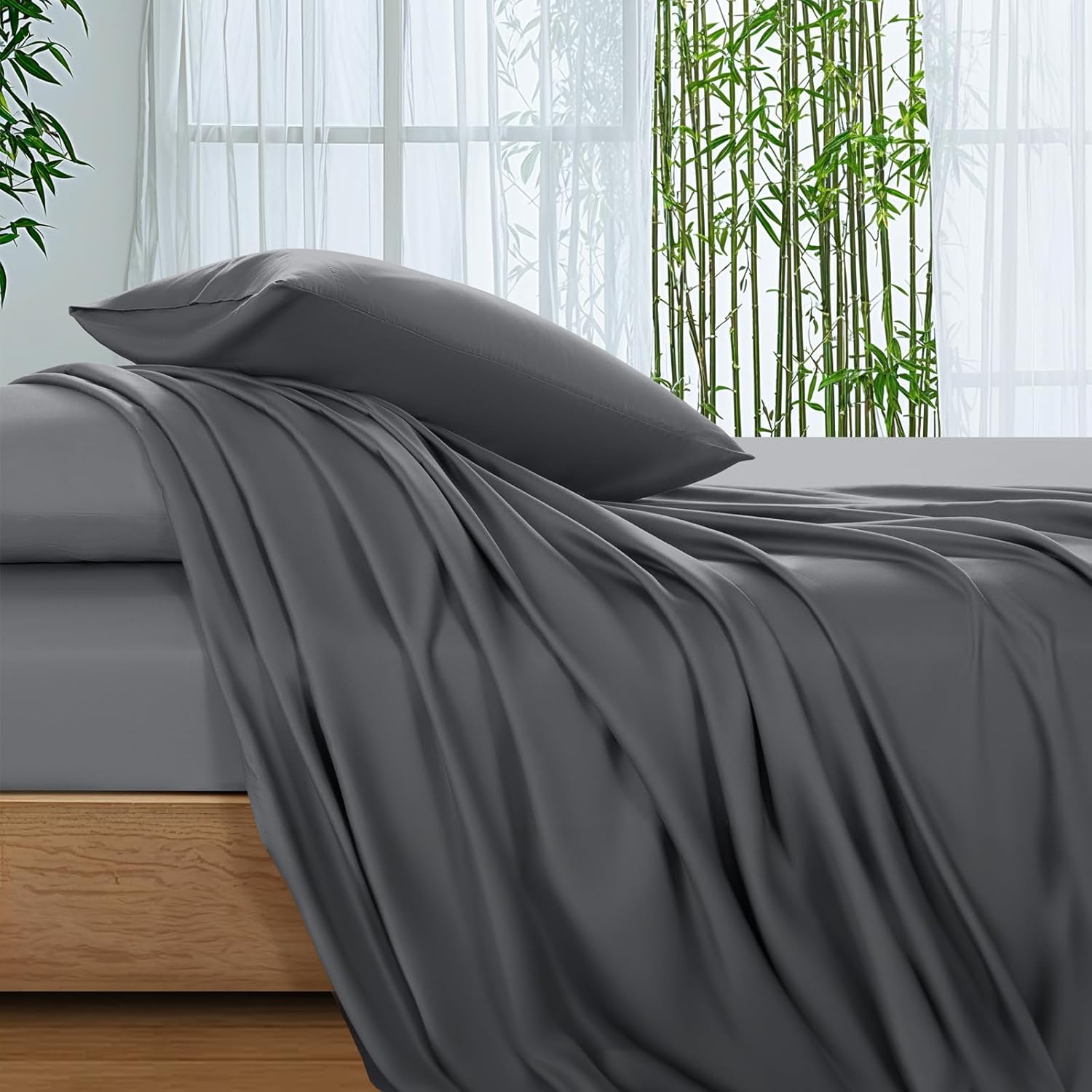 SONORO KATE 100% Viscose Derived from Bamboo_Sheets King Size, Ultra Breathable & Cooling Bed Sheets for Hot Sleepers, Hotel Luxury Silky Bedding Sheets, 16" Deep Pocket - 4PC (Dark Grey,King)