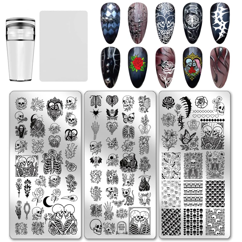 PH PandaHall 3pcs Skull Nail Stamping Plates