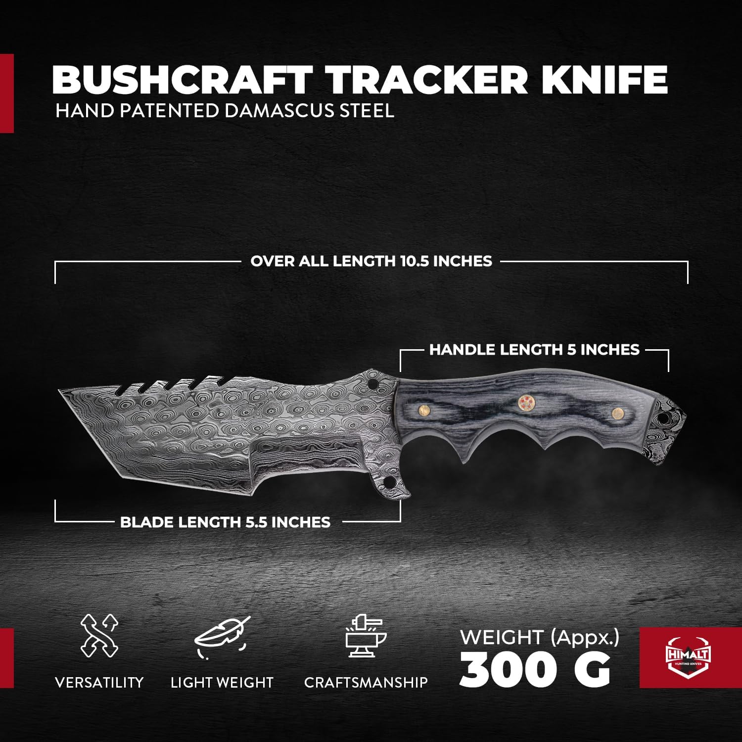 Marshal Tracker 3100 Handmade 10.5" Damascus Knife- Fixed Blade Hunting Knife with sheath-Bushcraft,Survival & Camping Knife-Ideal For EDC. Best Hunting Knife For Men (Pakka Grey Wood Handle)