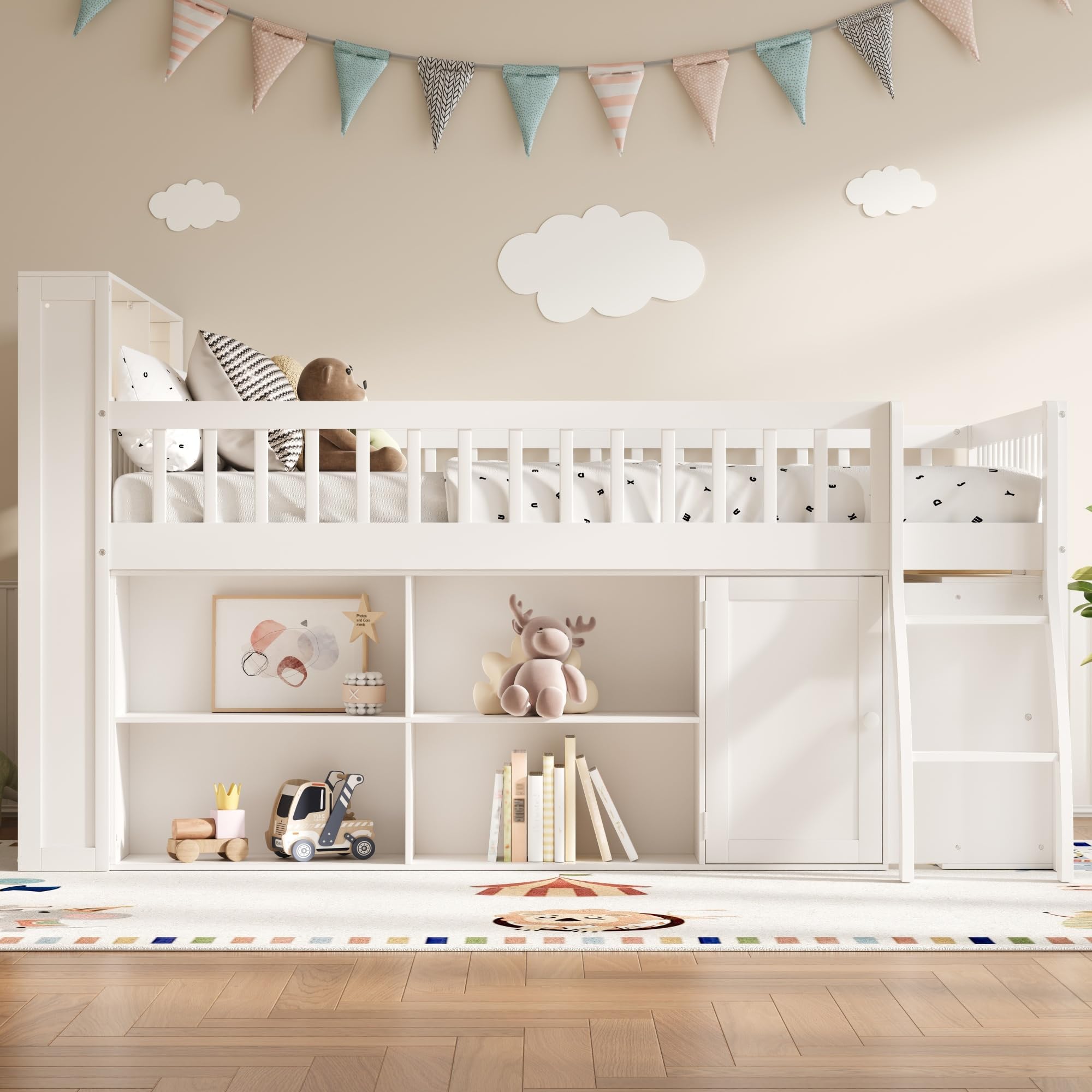 LUMISOL Full Size Low Loft Bed with Shelves and LED Lights for Kids, Wooden Loft Bed Frame with Headboard, Safety Rails and Ladder for Boys Girls, White